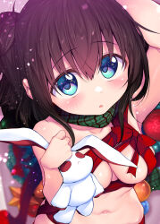 Rule 34 | 1girl, arm up, blue eyes, blush, breasts, christmas, commentary request, decorations, highres, holding, holding stuffed toy, long hair, looking at viewer, medium breasts, medium hair, melonbooks, naked ribbon, navel, one side up, original, parted lips, red ribbon, ribbon, scarf, solo, stuffed animal, stuffed rabbit, stuffed toy, suga hideo, upper body