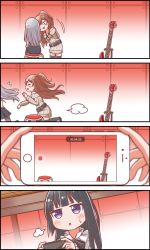 Rule 34 | 3girls, 4koma, :3, :d, :o, puff of air, ^ ^, bang dream!, belt, black hair, black legwear, black neckwear, black skirt, brown hair, cellphone, chasing, closed eyes, comic, dress, electric guitar, female pov, flying sweatdrops, frilled shirt collar, frills, grey hair, grey sweater, guitar, guitar stand, half updo, highres, holding, holding phone, imai lisa, indoors, instrument, jewelry, kyou (fr39), long hair, long sleeves, looking at another, minato yukina, multiple girls, neck ribbon, off-shoulder, off-shoulder sweater, off shoulder, open mouth, paw pose, pendant, phone, pov, purple eyes, recording, ribbed sweater, ribbon, running, shirokane rinko, silent comic, skirt, slit pupils, smartphone, smile, sweatdrop, sweater, sweater dress, thighhighs