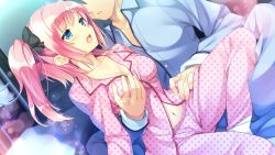 Rule 34 | 1boy, 1girl, :o, blue eyes, blush, bow, grabbing another&#039;s breast, breasts, brother and sister, buttons, cleavage, collarbone, colored eyelashes, dutch angle, eye contact, faceless, faceless male, game cg, grabbing, grabbing from behind, hair bow, hair ornament, half-closed eyes, hand on another&#039;s hip, hetero, incest, indian style, indoors, koba kasumi, koba kazuomi, koi saku miyako ni ai no yakusoku wo ~annaffiare~, lens flare, long sleeves, looking at another, midriff peek, moaning, natsume eri, navel, one side up, open mouth, pajamas, parted lips, pink hair, polka dot, raised eyebrows, siblings, sitting, sitting on lap, sitting on person, sleeve cuffs, socks, solo focus, sparkle