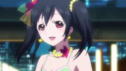 Rule 34 | 10s, 1girl, animated, animated gif, black hair, breasts, earrings, flat chest, flower, love live!, love live! school idol project, music, nail polish, necklace, one eye closed, red eyes, singing, swimsuit, twintails, wink, yazawa nico
