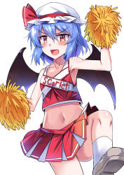Rule 34 | 1girl, :d, alternate costume, arm up, bare arms, bare shoulders, bat wings, blue hair, blush, breasts, cheerleader, clothes writing, commentary request, cowboy shot, crop top, e.o., grey footwear, hair between eyes, hat, hat ribbon, highres, holding, holding pom poms, leg up, looking at viewer, midriff, miniskirt, mob cap, navel, open mouth, pom pom (cheerleading), pom poms, red eyes, red ribbon, red skirt, remilia scarlet, ribbon, shoes, short hair, simple background, skirt, skirt set, sleeveless, small breasts, smile, socks, solo, standing, standing on one leg, stomach, thighs, touhou, v-shaped eyebrows, white background, white hat, white socks, wings