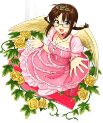 Rule 34 | 1girl, akizuki ritsuko, angel wings, bangle, bracelet, braid, brown eyes, brown hair, cross, crown, feathered wings, flower, frilled skirt, frills, from above, glasses, idolmaster, idolmaster (classic), jewelry, necklace, open mouth, pendant, puffy short sleeves, puffy sleeves, rose, short sleeves, skirt, solo, tsurui, twin braids, wings