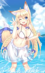 Rule 34 | 1girl, animal ear fluff, animal ears, bikini, blonde hair, blue eyes, blush, bow, braid, breasts, cleavage, cloud, day, female focus, fox ears, fox tail, front-tie top, hair bow, highres, large breasts, light rays, long hair, looking at viewer, navel, one eye closed, open mouth, original, outdoors, see-through, skirt, sogaya, solo, sunbeam, sunlight, swimsuit, tail, twin braids, very long hair, wading, water, wet