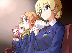 Rule 34 | 10s, 4girls, assam (girls und panzer), black necktie, blonde hair, blue eyes, blue sweater, blush, braid, couch, crying, crying with eyes open, cup, darjeeling (girls und panzer), dress shirt, french braid, frown, girls und panzer, gradient background, group picture, group profile, hibimegane, insignia, lens flare, lineup, long sleeves, looking to the side, multiple girls, necktie, open mouth, orange eyes, orange hair, orange pekoe (girls und panzer), pantyhose, pink hair, profile, rosehip (girls und panzer), school uniform, shirt, short hair, sidelocks, simple background, sitting, skirt, smile, spilling, sweater, teacup, tears, v-neck, white shirt