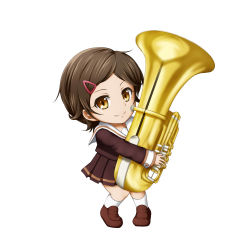 Rule 34 | 1girl, brown eyes, brown footwear, brown hair, brown shirt, brown skirt, chibi, full body, hair ornament, hairclip, hibike! euphonium, highres, holding, holding instrument, instrument, katou hazuki, kuena, loafers, long sleeves, looking at viewer, miniskirt, parted bangs, pleated skirt, sailor collar, school uniform, shirt, shoes, short hair, simple background, skirt, smile, solo, standing, tuba, white background, white legwear, white sailor collar