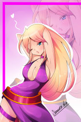Rule 34 | 1girl, ;o, absurdres, armpits, arms behind head, artist name, blonde hair, blowing kiss, blue eyes, breasts, cleavage, dress, fatal fury, garou: mark of the wolves, heart, highres, jenet behrn, large breasts, long hair, looking at viewer, one eye closed, open mouth, snk, solo, the king of fighters, thighhighs, thighs
