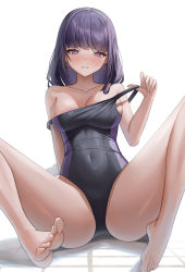 Rule 34 | 1girl, alternate costume, arm behind back, bare arms, bare shoulders, barefoot, black one-piece swimsuit, blush, braid, breasts, cleavage, clenched teeth, clothes pull, collarbone, competition swimsuit, covered navel, feet, genshin impact, highres, knees up, leaning back, long hair, low-braided long hair, low-tied long hair, medium breasts, mole, mole under eye, off shoulder, one-piece swimsuit, one-piece swimsuit pull, purple eyes, purple hair, raiden shogun, sidelocks, single braid, sitting, solo, spread legs, swimsuit, teeth, thighs, toes, toki88909, two-tone swimsuit, v-shaped eyebrows, white background