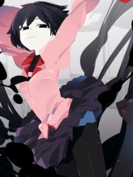 Rule 34 | 1girl, :3, black eyes, black hair, black pantyhose, black undershirt, blue skirt, bob cut, breasts, closed mouth, feet out of frame, gradient background, grey background, highres, idkuroi, juliet sleeves, long sleeves, looking at viewer, midair, miniskirt, monogatari (series), oshino ougi, pantyhose, pink shirt, pleated skirt, puffy sleeves, shirt, short hair, skirt, small breasts, solo, straight hair