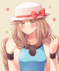 Rule 34 | 1girl, alternate hairstyle, blue shirt, blush, bow, brown eyes, brown hair, closed mouth, commentary request, creatures (company), eyelashes, game freak, hands up, hat, hat bow, leaf (pokemon), long hair, looking at viewer, nintendo, pokemon, pokemon frlg, red bow, scbstella, shirt, sleeveless, sleeveless shirt, smile, solo, upper body, white hat, wristband