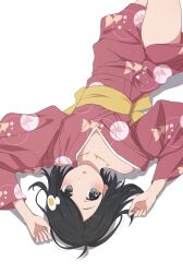 Rule 34 | 1girl, :o, absurdres, ahoge, araragi tsukihi, black eyes, black hair, blush, camui1104, collarbone, commentary request, egg hair ornament, food-themed hair ornament, fried egg, hair ornament, highres, japanese clothes, kimono, long sleeves, looking at viewer, lying, monogatari (series), obi, off shoulder, on back, parted lips, pink kimono, sash, short hair, simple background, solo, swimsuit, thighs, upside-down, white background, yellow sash