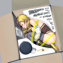 Rule 34 | 10s, 1girl, bad id, bad pixiv id, beret, blonde hair, blush, body blush, boots, box, breast press, breasts, breasts on lap, brown thighhighs, cardboard box, closed eyes, corset, detached sleeves, drill hair, fetal position, full body, gloves, gun, hat, in box, in container, kouno (masao), large breasts, magical girl, magical musket, mahou shoujo madoka magica, mahou shoujo madoka magica (anime), no panties, open mouth, panties, plantar flexion, rifle, shiny skin, sleeping, solo, striped clothes, striped thighhighs, thighhighs, tomoe mami, topless, translated, twin drills, twintails, underwear, unworn panties, vertical-striped clothes, vertical-striped thighhighs, weapon, yellow panties