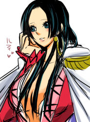 Rule 34 | 1girl, amazon lily, amazon warrior, black hair, blush, boa hancock, breasts, cape, center opening, chiroru shimai, cleavage, earrings, epaulettes, heart, jewelry, large breasts, long hair, one piece, solo, white background