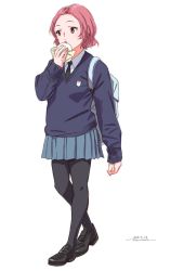 Rule 34 | 1girl, artist name, backpack, bag, black footwear, black necktie, black pantyhose, blue skirt, blue sweater, carrying, commentary, dated, dress shirt, eating, emblem, food, full body, girls und panzer, highres, holding, holding food, horikou, loafers, long sleeves, miniskirt, necktie, one-hour drawing challenge, pantyhose, pleated skirt, red eyes, red hair, rosehip (girls und panzer), school uniform, shirt, shoes, short hair, signature, simple background, skirt, solo, st. gloriana&#039;s (emblem), st. gloriana&#039;s school uniform, standing, sweater, v-neck, walking, white background, white shirt, wing collar
