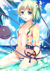 Rule 34 | 1girl, aqua eyes, bikini, bikini bottom only, blue eyes, blue sky, bow, breasts, center opening, cloud, collarbone, day, food, green hair, hair bow, hair ornament, heart hair ornament, komeiji koishi, looking at viewer, mouth hold, navel, no headwear, no headwear, ocean, open clothes, open shirt, palm tree, partially submerged, popsicle, revision, shirt, short hair, silver hair, sitting, sky, small breasts, solo, swimsuit, third eye, touhou, tree, wariza, water, yan (nicknikg)