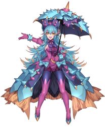 Rule 34 | 1girl, aqua hair, bad id, bad twitter id, bonnet, bow, bracelet, breasts, commentary request, creatures (company), dress, elbow gloves, fangs, female focus, frilled dress, frills, full body, game freak, gen 7 pokemon, gloves, high heels, highres, holding, holding umbrella, jewelry, katagiri hachigou, long hair, multicolored eyes, multicolored hair, nintendo, open mouth, orange hair, personification, pokemon, purple gloves, purple legwear, sideboob, simple background, solo, spikes, toxapex, umbrella, white background
