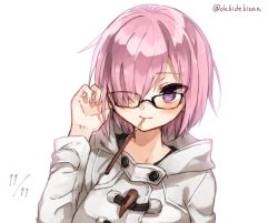 Rule 34 | 1girl, chibirisu, coat, commentary request, dated, fate/grand order, fate (series), food, glasses, hair over one eye, looking at viewer, mash kyrielight, mash kyrielight (fgo x lawson), official alternate costume, pocky, pocky day, purple eyes, purple hair, short hair, solo, twitter username