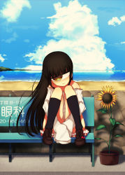 Rule 34 | 1girl, absurdres, beach, bench, black hair, cyclops, female focus, flower, full body, highres, kurome shirome, hugging own legs, long hair, looking away, mole, monster girl, one-eyed, original, outdoors, parted lips, ringed eyes, sitting, sleeves past wrists, solo, sunflower