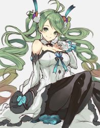 Rule 34 | 1girl, antenna hair, bare shoulders, black pantyhose, blonde hair, blush, bow, breasts, brooch, cleavage, cradle (2849), de la fille, detached collar, dress, elbow gloves, finger to mouth, frilled skirt, frills, gloves, gradient hair, granblue fantasy, green bow, green eyes, green hair, grey background, hair ornament, highres, jewelry, large breasts, long hair, looking at viewer, multicolored hair, necklace, pantyhose, red hair, simple background, sitting, skirt, smile, solo, strapless, strapless dress, twintails, very long hair, white gloves
