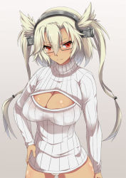 Rule 34 | 10s, 1girl, black-framed eyewear, blonde hair, blush, breasts, cleavage, cleavage cutout, clothing cutout, cowboy shot, dark skin, dark-skinned female, glasses, hand on own hip, headgear, inoshira, kantai collection, large breasts, long hair, looking at viewer, meme attire, musashi (kancolle), open-chest sweater, panties, pantyshot, pointy hair, red eyes, ribbed sweater, semi-rimless eyewear, solo, sweater, turtleneck, twintails, two side up, under-rim eyewear, underwear