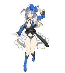Rule 34 | 10s, 1girl, arm up, bikini, blue eyes, blue footwear, boots, bow, bowtie, breasts, cleavage, detached sleeves, floral print, frills, full body, gluteal fold, grey hair, hair bow, hairband, highres, knee boots, looking at viewer, navel, official art, open mouth, senran kagura, senran kagura peach beach splash, simple background, smile, solo, swimsuit, turtleneck, white background, yaegashi nan, yumi (senran kagura)