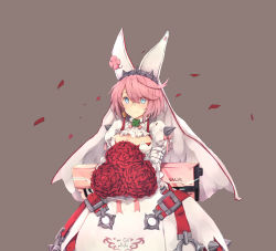 Rule 34 | 1girl, absurdres, arm belt, belt, belt buckle, blue eyes, bouquet, bow, breasts, buckle, cleavage, cleavage cutout, clothing cutout, clover, cowboy shot, dress, elphelt valentine, flower, four-leaf clover, girls&#039; frontline, grey background, guilty gear, guilty gear xrd, gun, hairband, highres, holding, holding bouquet, juliet sleeves, large breasts, long sleeves, looking at viewer, ms. travailler, petals, pink hair, pkpkpppk, puffy sleeves, red flower, red rose, rose, short hair, shotgun, shoulder spikes, simple background, smile, solo, spiked hairband, spikes, veil, weapon, weapon on back, wedding dress, white dress