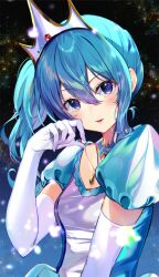 1girl bibbidiba_(hololive) blue_dress blue_eyes blue_hair breasts dress elbow_gloves gakuon_(gakuto) gloves hair_between_eyes highres hololive hoshimachi_suisei looking_at_viewer parted_lips short_hair side_ponytail sidelocks small_breasts solo tiara upper_body virtual_youtuber white_dress white_gloves