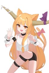 Rule 34 | 1girl, :d, absurdres, animal ears, armband, asymmetrical hair, black armband, black shorts, blunt bangs, blush, blush stickers, bow, claw pose, collarbone, commentary, crop top, dog ears, fang, hair intakes, highres, horn ornament, horn ribbon, horns, ibuki suika, kemonomimi mode, leaning forward, legband, long hair, looking at viewer, low-tied long hair, navel, oeyama, oni, open mouth, orange eyes, orange hair, pink nails, ponytail, purple ribbon, red bow, ribbon, shirt, short shorts, shorts, sidelocks, skin fang, smile, solo, standing, tail, tail bow, tail ornament, touhou, very long hair, white shirt, white wrist cuffs, wrist cuffs