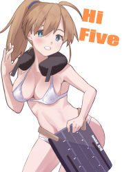 Rule 34 | 1girl, blue eyes, bra, breasts, brown hair, clenched teeth, intrepid (kancolle), kantai collection, long hair, medium breasts, neck pillow, one-hour drawing challenge, panties, ponytail, sanninme no haru, simple background, solo, teeth, underwear, white background, white bra, white panties