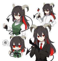 Rule 34 | 1girl, black gloves, black hair, business suit, buttons, demon girl, demon tail, fingerless gloves, fire, formal, gloves, goat girl, goat horns, green vest, highres, horizontal pupils, horns, knot, long hair, long sleeves, looking at viewer, mothkoisi, multicolored hair, necktie, original, red eyes, red hair, shirt, simple background, suit, tail, two-tone hair, vest, white background, white shirt