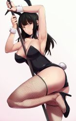 Rule 34 | 1girl, absurdres, animal ears, armpits, arms up, ass, bare arms, bare shoulders, between breasts, black bow, black bowtie, black eyes, black footwear, black hair, black leotard, blunt bangs, bow, bowtie, breasts, cleavage, collarbone, detached collar, dutch angle, eyebrows, fake animal ears, female focus, fishnet thighhighs, fishnets, gradient background, high heels, highres, large breasts, legs, leotard, long hair, looking at viewer, lynus, naoko (lynus), original, parted lips, playboy bunny, pole, rabbit ears, rabbit tail, simple background, solo, standing, standing on one leg, strapless, strapless leotard, stripper pole, tail, thighhighs, white background, wrist cuffs