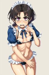 Rule 34 | 1girl, angry, bikini, blue ribbon, blush, breasts, brown hair, commentary request, embarrassed, freckles, frilled bikini, frills, gluteal fold, grey background, highres, looking at viewer, low twintails, maid, maid bikini, maid headdress, neck ribbon, onimushi hyogo, open mouth, original, purple eyes, ribbon, shiny skin, short sleeves, short twintails, simple background, small breasts, solo, standing, stomach, sweat, swimsuit, tearing up, teeth, thigh gap, twintails, unconventional maid, v-shaped eyebrows