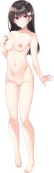 Rule 34 | 1girl, barefoot, black hair, blush, braid, breasts, completely nude, full body, hair ornament, highres, inaba usaki, koiyasumi ~yuudachi ni nureta osananajimi~, long hair, looking at viewer, mayusaki yuu, medium breasts, navel, nipples, no pussy, nude, official art, photoshop (medium), red eyes, smile, solo, tachi-e, transparent background