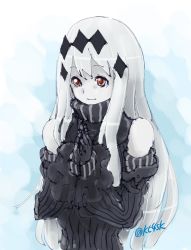 Rule 34 | 10s, 1girl, 4suke, abyssal ship, aircraft carrier water oni, bare shoulders, black dress, black gloves, colored skin, detached sleeves, dress, gloves, hair ornament, image sample, kantai collection, long hair, orange eyes, ribbed dress, sailor dress, solo, striped, twitter username, white hair, white skin