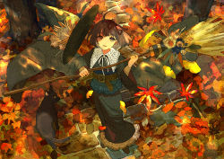 Rule 34 | 1girl, absurdres, autumn, autumn leaves, black cat, black hair, bob cut, bow, broom, brown eyes, buchi (qooo003), cat, hair bow, hat, highres, holding, holding broom, japanese clothes, kimono, leaf, looking at viewer, maple leaf, obi, original, sash, short hair, solo, tree, witch, witch hat