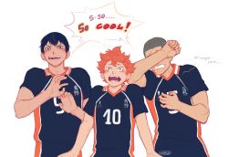 Rule 34 | ..., 3boys, adam&#039;s apple, black hair, black legwear, black shirt, black shorts, blush, character name, covering face, curly hair, english text, excited, haikyuu!!, hair between eyes, hand on own chest, height difference, highres, hinata shouyou, jersey, kageyama tobio, male focus, multiple boys, open mouth, orange hair, pale skin, shaved head, shirt, short hair, shorts, speech bubble, sportswear, star-shaped pupils, star (symbol), symbol-shaped pupils, tanaka ryuunosuke, tearing up, tears, teeth, viria13, volleyball uniform, white background