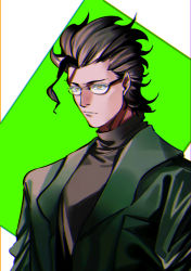 Rule 34 | 1boy, bespectacled, black hair, chromatic aberration, contemporary, diarmuid ua duibhne (lancer) (fate), edwintarm, fate/grand order, fate (series), formal, glasses, hair strand, highres, jacket, male focus, mole, mole under eye, solo, suit, suit jacket, turtleneck, yellow eyes
