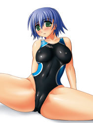 Rule 34 | 00s, arms behind back, bb (pixiv10091), bb (sapporo youkan), blue hair, blush, breasts, cameltoe, cleft of venus, competition swimsuit, covered erect nipples, embarrassed, green eyes, hair between eyes, head tilt, highleg, highleg swimsuit, hip focus, large breasts, one-piece swimsuit, open mouth, partially visible vulva, reclining, shadow, shiny clothes, short hair, simple background, sitting, skin tight, solo, speedo (company), spread legs, swimsuit, thick thighs, thighs, to heart (series), to heart 2, tonami yuma, white background, wide hips