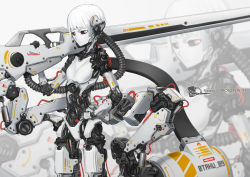 Rule 34 | 1girl, android, black sclera, cable, colored sclera, drum magazine, gun, hand on own hip, humanoid robot, joints, looking at viewer, magazine (weapon), red eyes, rifle, robot, robot joints, science fiction, solo, tafuu (tortafu), weapon, white background, white hair