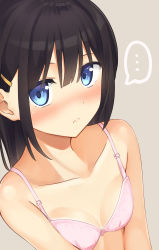 Rule 34 | ..., 1girl, absurdres, apollo (hu maple), bare shoulders, black hair, blue eyes, blush, bow, bow bra, bra, breasts, closed mouth, collarbone, commentary request, grey background, hair between eyes, hair ornament, hairclip, highres, light frown, looking at viewer, nose blush, original, pink bra, simple background, small breasts, solo, spoken ellipsis, underwear, underwear only, upper body