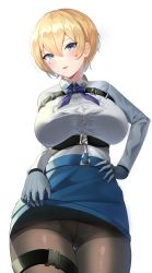 Rule 34 | 1girl, bad id, bad pixiv id, belt, black gloves, black pantyhose, blonde hair, blue belt, blue eyes, blue neckerchief, blue skirt, blush, breasts, buckle, button gap, clothes lift, collared shirt, commentary, cowboy shot, girls&#039; frontline, gloves, gluteal fold, hair between eyes, hair ornament, hand on own hip, highres, large breasts, lifting own clothes, long sleeves, looking at viewer, maanu, miniskirt, mole, mole under eye, neckerchief, no jacket, pantyhose, parted lips, pouch, shirt, shirt tucked in, short hair, sidelocks, simple background, skirt, skirt lift, smile, snap-fit buckle, solo, standing, thigh gap, thigh pouch, thighband pantyhose, vsk-94 (girls&#039; frontline), white background, white shirt