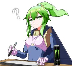 Rule 34 | 1girl, ?, breasts, cape, chain, doll joints, drawing tablet, duel monster, el shaddoll winda, gold chain, green eyes, green hair, highres, hikaru49831115, holding, holding stylus, joints, long hair, mechanical arms, mechanical hair, medium breasts, monster energy, ponytail, sidelocks, simple background, solo, stylus, upper body, white background, winda (yu-gi-oh!), yu-gi-oh!
