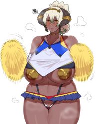 Rule 34 | 1girl, areola slip, bare shoulders, blonde hair, blonde pubic hair, blue skirt, blush, bow, breasts, brown horns, choker, closed mouth, covered navel, dark-skinned female, dark skin, elbow gloves, expressionless, eyelashes, female pubic hair, gen&#039;en (sioherashi), gloves, gold choker, gold panties, green hair, grey background, hair between eyes, half-closed eyes, hatching (texture), heart-shaped pubic hair, horizontal pupils, horn ornament, horn ring, horns, huge breasts, large areolae, motion lines, multicolored hair, navel, orange eyes, original, pasties, plump, pom pom (cheerleading), pubic hair, red bow, scribble, shaped pubic hair, short hair, simple background, skindentation, skirt, solo, speech bubble, steam, steaming body