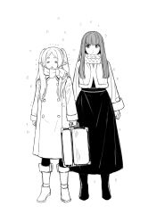 Rule 34 | 2girls, blunt bangs, boots, buttons, closed eyes, closed mouth, coat, commentary request, double-breasted, elf, expressionless, fern (sousou no frieren), frieren, full body, greyscale, highres, hime cut, holding, holding suitcase, korean commentary, long hair, long skirt, long sleeves, looking at another, looking to the side, monochrome, multiple girls, open mouth, overcoat, parted bangs, pointy ears, scarf, simple background, skirt, snowing, sousou no frieren, standing, suitcase, trembling, twintails, www 2duck2