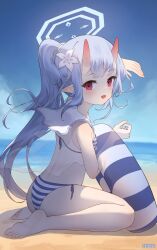 Rule 34 | 1girl, absurdres, arm up, barefoot, beach, bikini, blue archive, blue halo, blue sky, chise (blue archive), chise (swimsuit) (blue archive), commentary, day, flower, from side, hair flower, hair ornament, halo, highres, horns, innertube, inori7596, long hair, looking at viewer, ocean, official alternate costume, oni horns, open mouth, outdoors, pointy ears, ponytail, red eyes, sailor bikini, sailor collar, sand, side-tie bikini bottom, sitting, sky, soles, solo, striped bikini, striped clothes, swim ring, swimsuit, toes, wariza, water, white flower, white sailor collar
