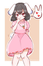 Rule 34 | 1girl, absurdres, animal ears, black hair, breasts, commentary request, dress, highres, inaba tewi, knees together feet apart, medium hair, oysterpersimmon, petite, pink dress, rabbit ears, rabbit tail, small breasts, solo, tail, touhou