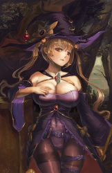 Rule 34 | 1girl, alternate costume, amibazh, azur lane, bat hair ornament, belt, between breasts, black pantyhose, blonde hair, breasts, buckle, candy, cape, cleavage, cloud, cloudy sky, commentary, cowboy shot, detached sleeves, dress, food, food-themed hair ornament, hair ornament, halloween, halloween costume, hand up, hat, jack-o&#039;-lantern, large breasts, leotard, lollipop, long hair, looking at viewer, nelson (azur lane), nelson (luna witch) (azur lane), pantyhose, potion, pumpkin hair ornament, purple leotard, red eyes, shaded face, sidelocks, simple background, sky, solo, taut leotard, thigh strap, thighband pantyhose, tree, twintails, very long hair, vial, white background, wide sleeves, witch hat