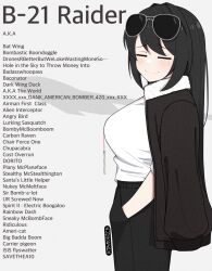 Rule 34 | 1girl, aircraft, airplane, artist name, atamonica, aviator sunglasses, b-21, b-21 (personification), black hair, black jacket, black pants, bomber jacket, breasts, closed eyes, english text, hands in pockets, highres, jacket, large breasts, long hair, original, pants, shadow, shirt, smile, solo, sunglasses, white background, white shirt