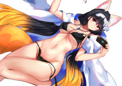 Rule 34 | 1girl, animal ears, bare legs, bikini, black bikini, black hair, blonde hair, breasts, cellphone, cleavage, collarbone, commentary request, dutch angle, fate/grand order, fate (series), feet out of frame, flower, fox ears, fox girl, fox tail, glasses, gradient hair, groin, hair bobbles, hair flower, hair ornament, hairband, highres, holding, holding phone, jewelry, large breasts, leg up, long hair, looking at viewer, low twintails, magatama, magatama necklace, multicolored hair, navel, necklace, nervous smile, open clothes, osakabehime (fate), osakabehime (foxy lady) (fate), parted lips, pendant, phone, pom pom (clothes), red eyes, side-tie bikini bottom, simple background, smartphone, smile, solo, standing, standing on one leg, swimsuit, tail, taking picture, twintails, underboob, untied bikini, very long hair, white background, white hairband, yoshizawa tsubaki