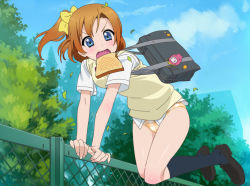 Rule 34 | &gt;:o, 10s, 1girl, :o, bag, bag charm, blue eyes, blush, bread slice, brown hair, charm (object), checkered clothes, checkered panties, embarrassed, female focus, fence, food, food in mouth, jumping, kneehighs, kosaka honoka, leaf, loafers, looking down, love live!, love live! school idol project, mouth hold, no pants, panties, plaid, plaid panties, school bag, school uniform, shoes, shy, side ponytail, socks, solo, sweatdrop, sweater vest, toast, toast in mouth, tonbi, underwear, v-shaped eyebrows, wardrobe error