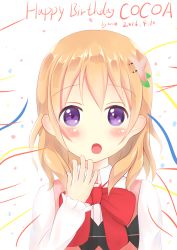 Rule 34 | 1girl, :o, absurdres, arrie lapin, artist name, bad id, bad pixiv id, blush, bow, bowtie, brown hair, character name, confetti, dated, flower, gochuumon wa usagi desu ka?, hair flower, hair ornament, hairpin, hand to own mouth, happy birthday, highres, hoto cocoa, long sleeves, looking at viewer, purple eyes, rabbit house uniform, red bow, red bowtie, short hair, solo, upper body, vest
